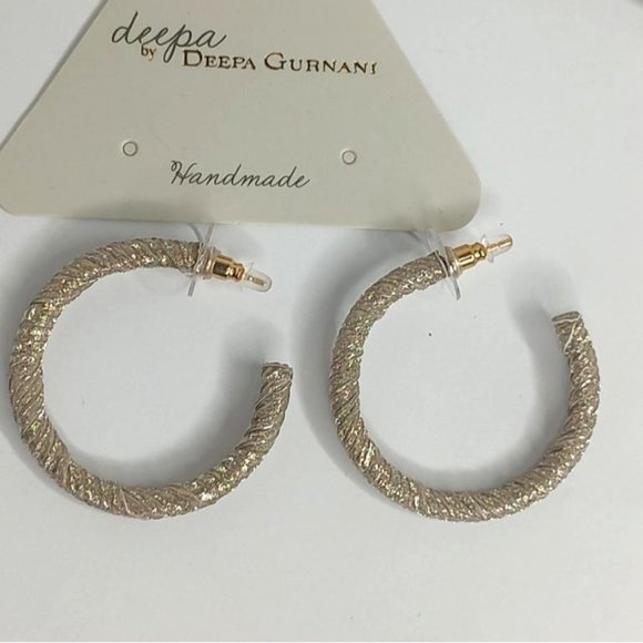 Deepa Gurnani Earrings Ozari Glitter Wrap Textured Hoop Champagne Gold - Picture 8 of 9